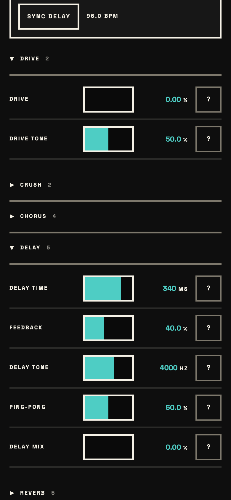 The effects tab: a chain of drive, crush, chorus, delay, reverb and output, with a second column of character effects.