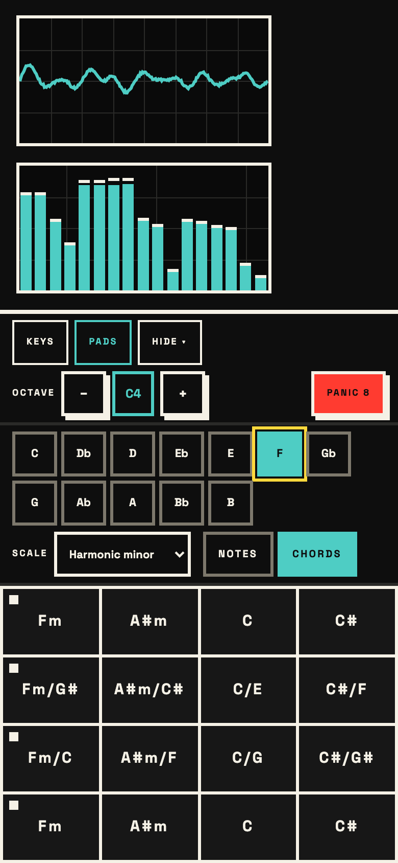 SIGIL running its FM engine: a live oscilloscope and frequency spectrum above the macro controls, the preset list and a playable keyboard.